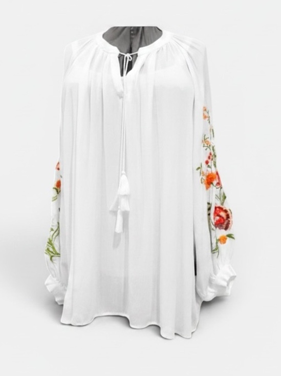Tracy Evans Tops - Free People Style White Peasant Blouse with Floral Sleeve Embroidery Size M